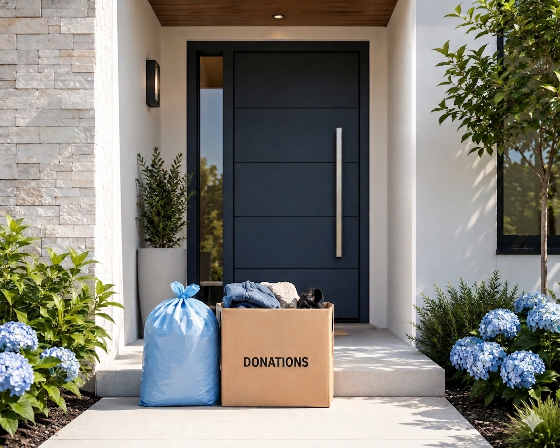 A donation box and bag of clothing on a front porch